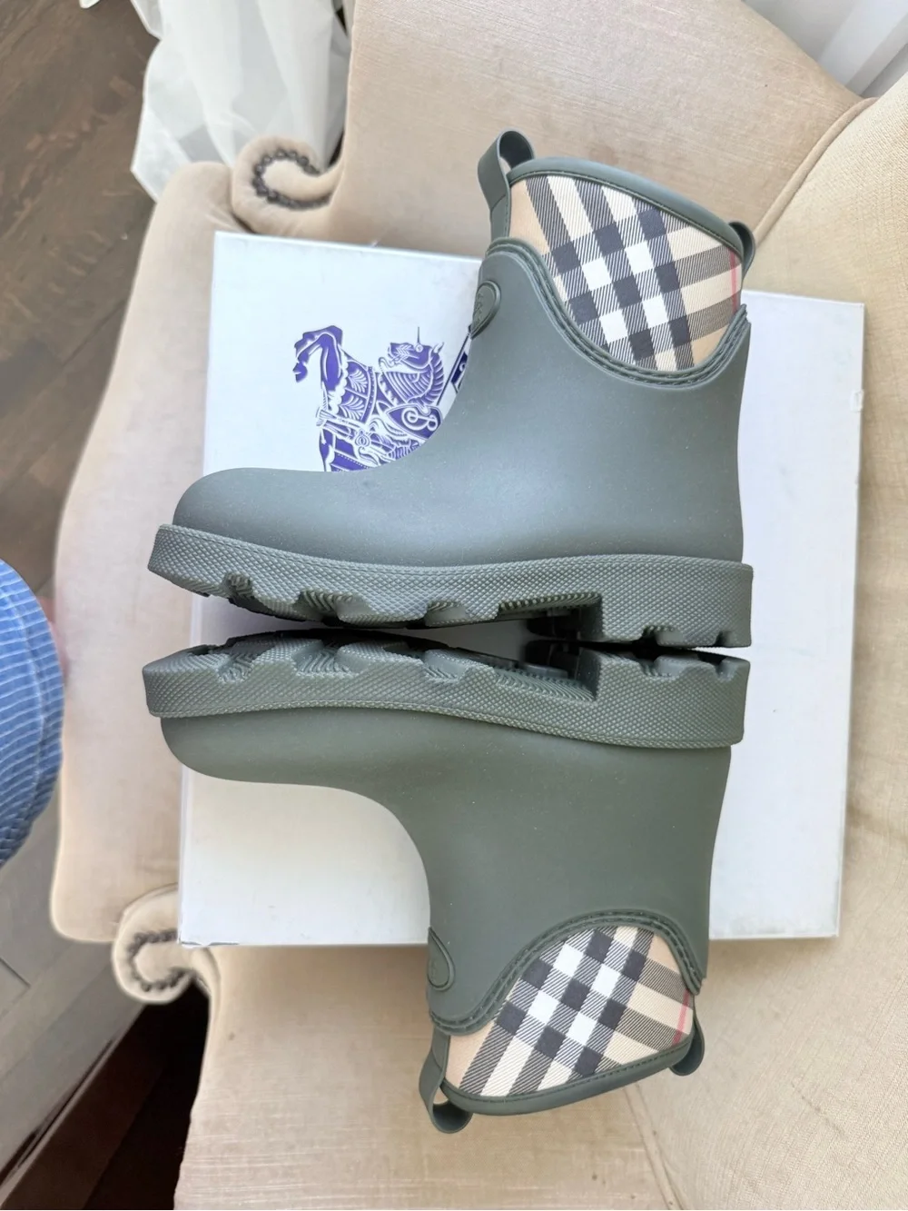 Burberry Olive Green Short Rain Boots with Signature Check Trim